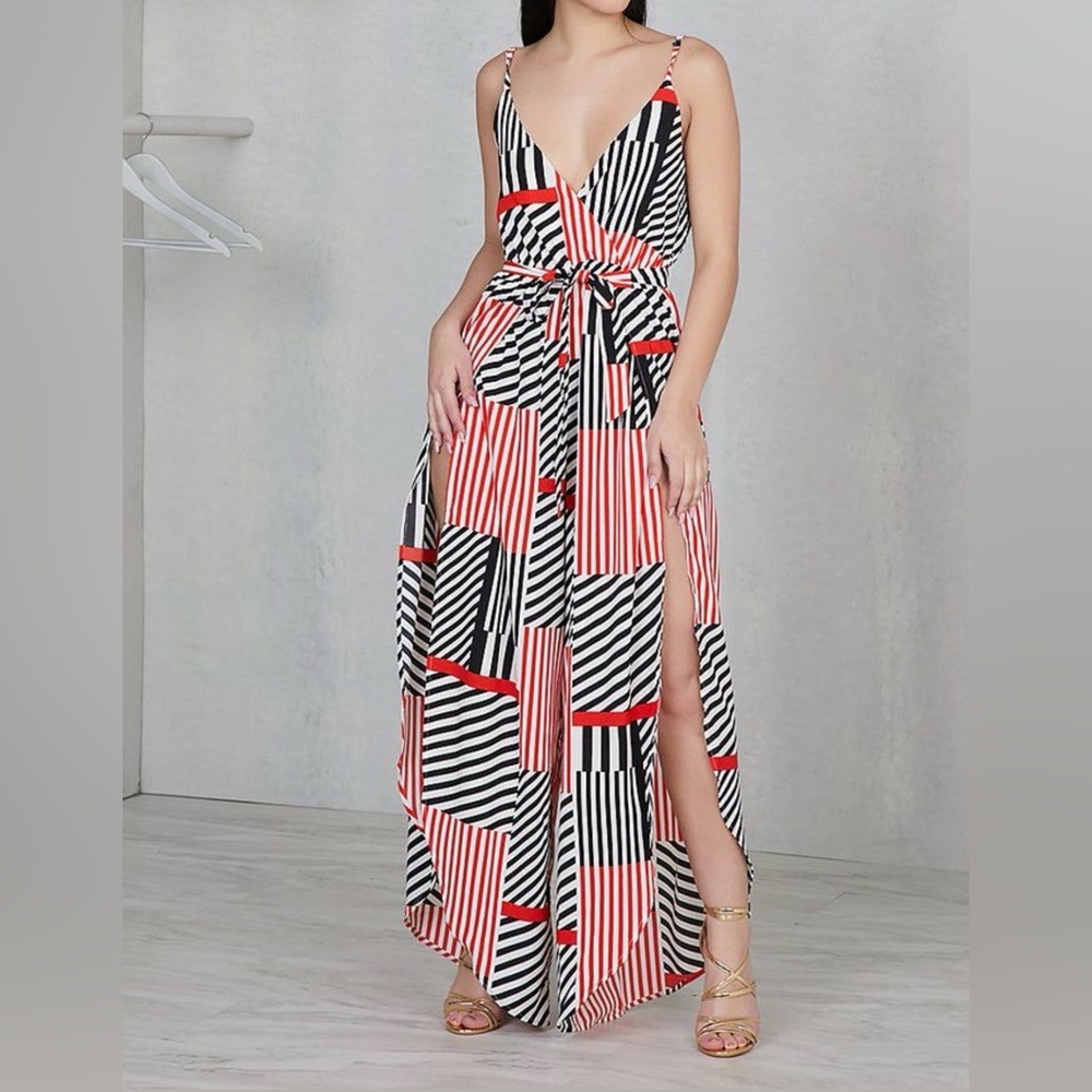 Striped V-Neck Jumpsuit with Waist Tie - Red/Black/White